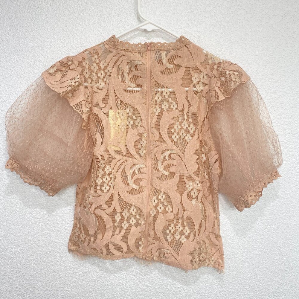 Peach Lace Puff Sleeve Blouse Boho Chic Floral Top Nude Size M - Picture 3 of 7